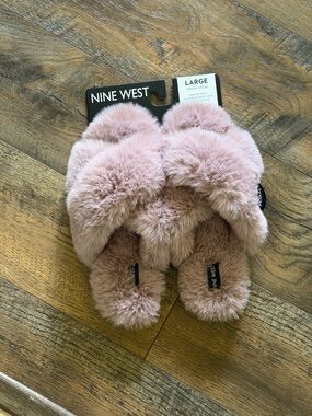 Nine West Blush Pink Faux Fur Crisscross Slippers